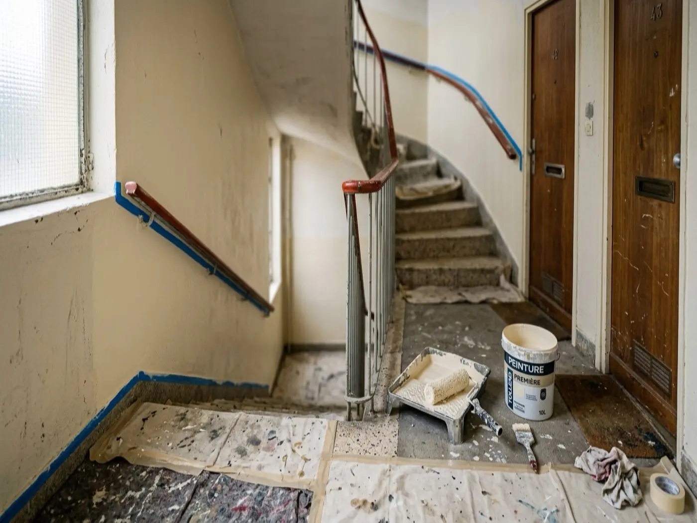 Cage d'escalier de copropriété protégée pendant la mise en peinture, visuel d'illustration