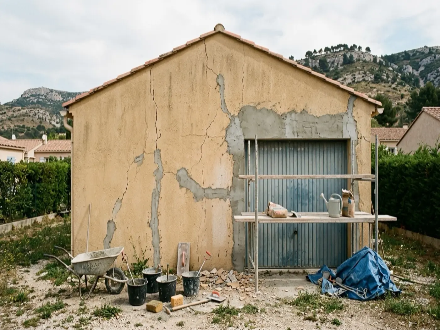 Façade de pavillon en cours de ravalement, visuel d'illustration