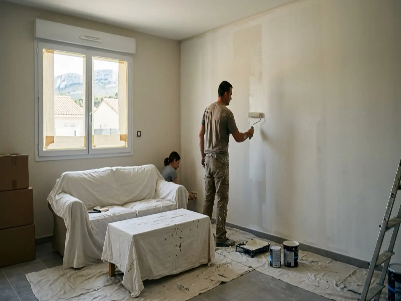 Pavillon de lotissement récent dont le séjour est en cours de remise en peinture avant une vente
