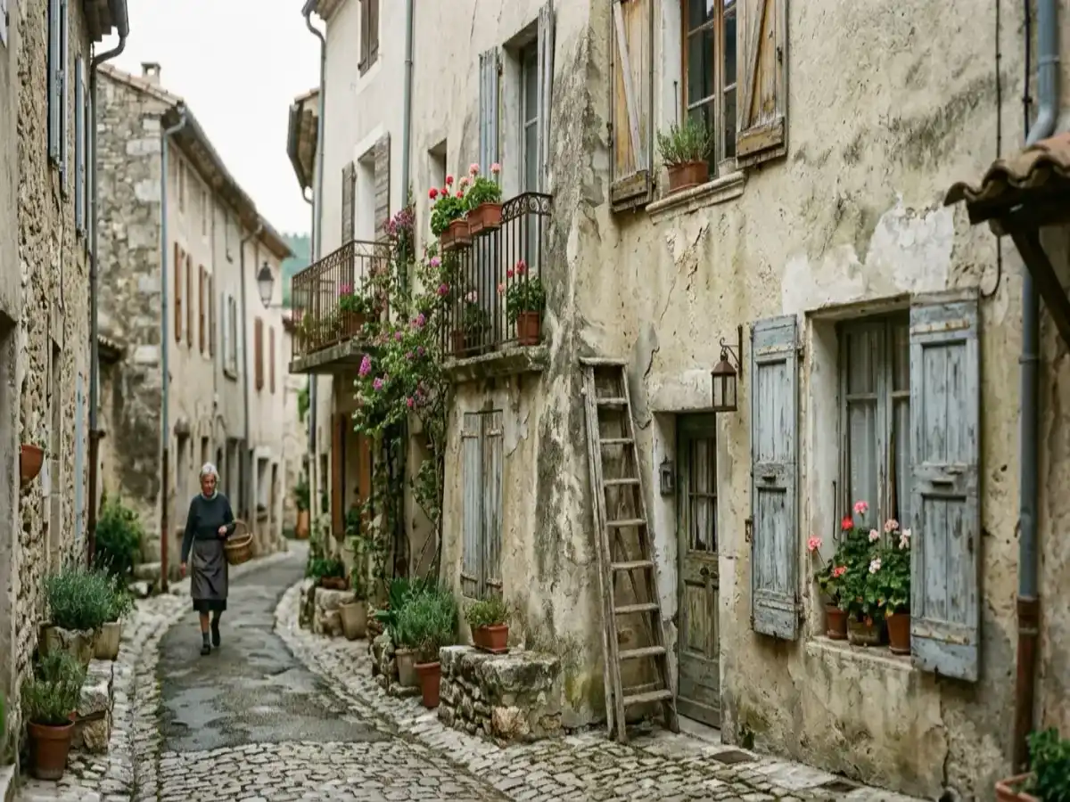 Maison de village mitoyenne à la façade ancienne, volets dépareillés et enduit d'origine à reprendre