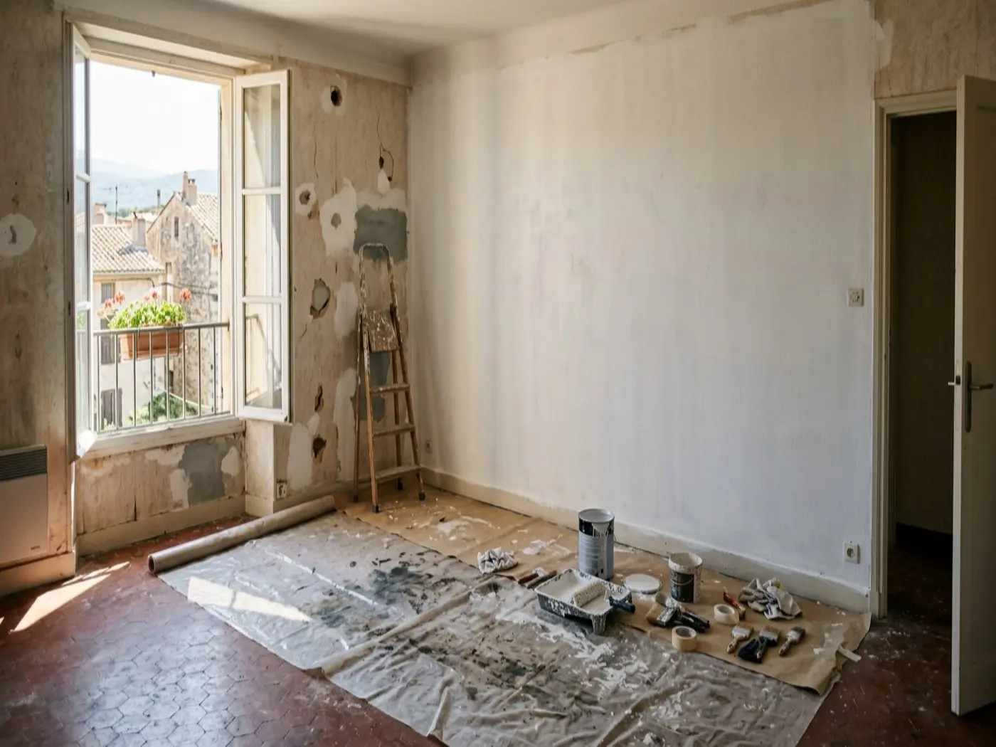 Séjour d'appartement en cours de remise en peinture, visuel d'illustration